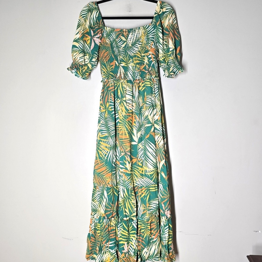 Tropical Leaf Print Maxi Dress Size S Vacation Travel‎ Summer Hawaiian